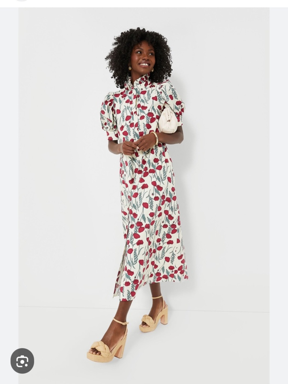 Floral Puff-Sleeve Midi Dress in White & Red